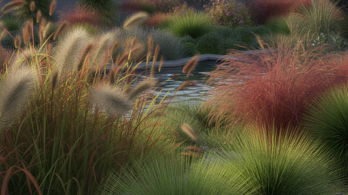 Illustration of ornamental grasses ideal for sustainable gardens due to their hardiness and low water requirements.